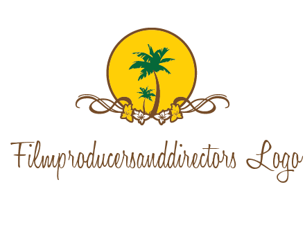 palm trees in circle with flowers and ribbons travel logo