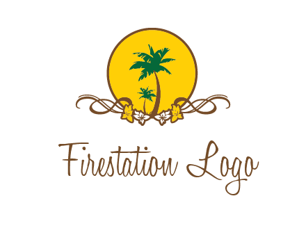 palm trees in circle with flowers and ribbons travel logo