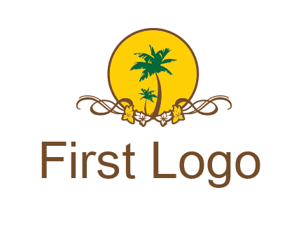 palm trees in circle with flowers and ribbons travel logo