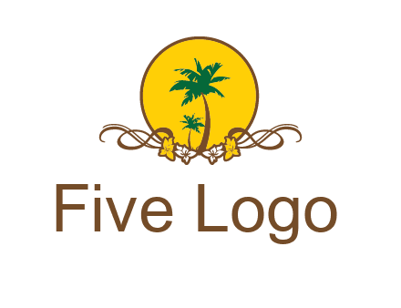 palm trees in circle with flowers and ribbons travel logo