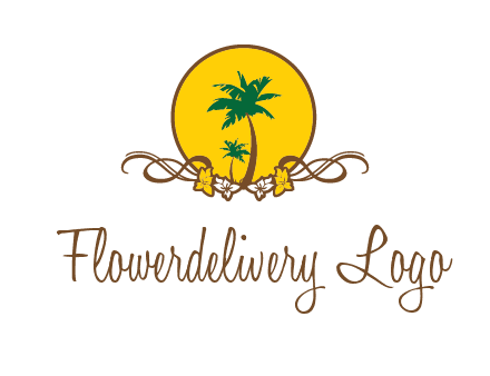palm trees in circle with flowers and ribbons travel logo