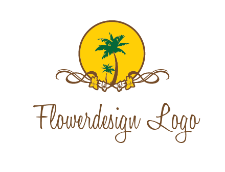 palm trees in circle with flowers and ribbons travel logo