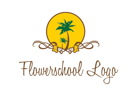 palm trees in circle with flowers and ribbons travel logo