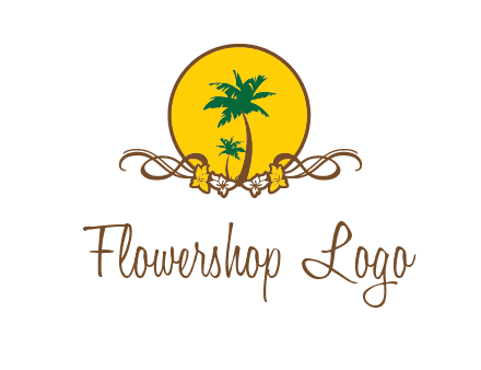 palm trees in circle with flowers and ribbons travel logo