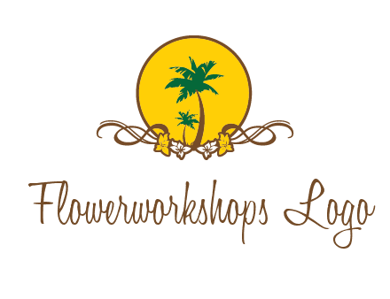 palm trees in circle with flowers and ribbons travel logo