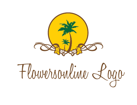 palm trees in circle with flowers and ribbons travel logo