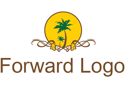 palm trees in circle with flowers and ribbons travel logo