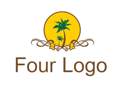 palm trees in circle with flowers and ribbons travel logo