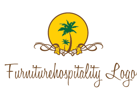 palm trees in circle with flowers and ribbons travel logo