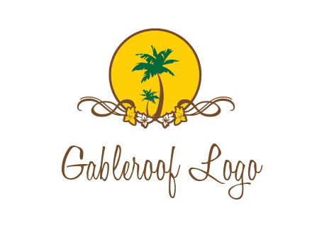 palm trees in circle with flowers and ribbons travel logo