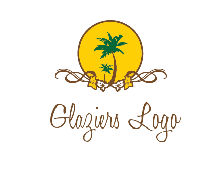 palm trees in circle with flowers and ribbons travel logo