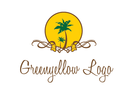palm trees in circle with flowers and ribbons travel logo
