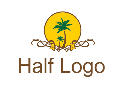 palm trees in circle with flowers and ribbons travel logo