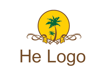 palm trees in circle with flowers and ribbons travel logo