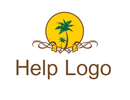 palm trees in circle with flowers and ribbons travel logo