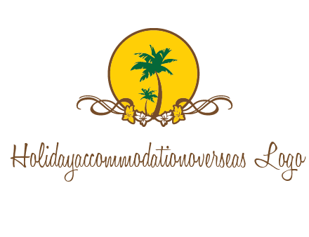 palm trees in circle with flowers and ribbons travel logo