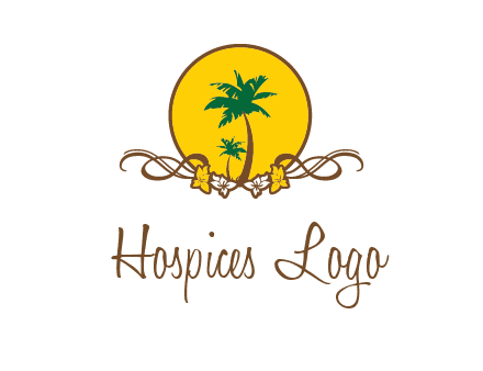 palm trees in circle with flowers and ribbons travel logo