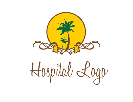 palm trees in circle with flowers and ribbons travel logo