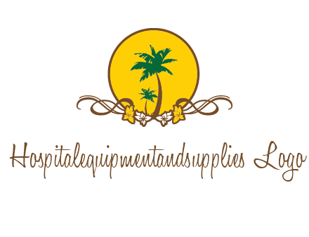 palm trees in circle with flowers and ribbons travel logo