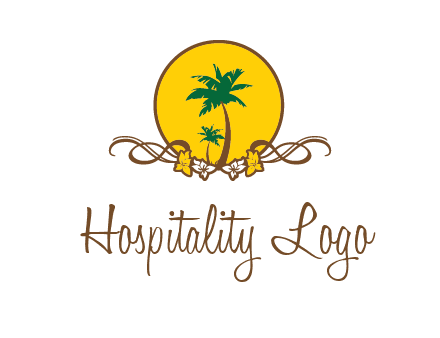palm trees in circle with flowers and ribbons travel logo