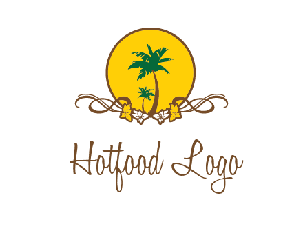 palm trees in circle with flowers and ribbons travel logo