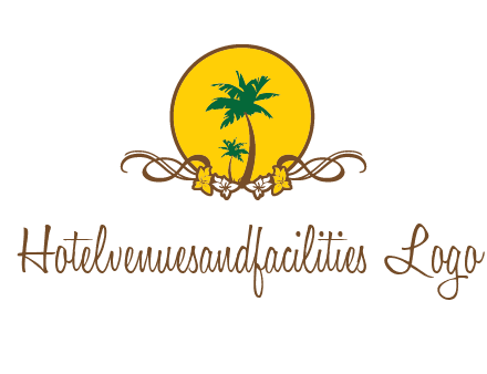 palm trees in circle with flowers and ribbons travel logo