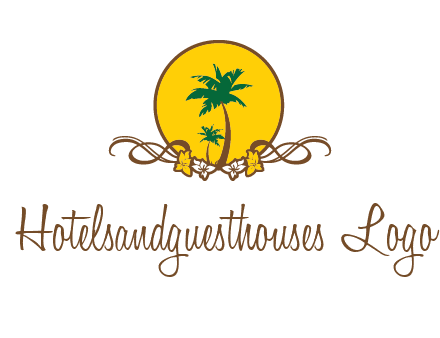 palm trees in circle with flowers and ribbons travel logo