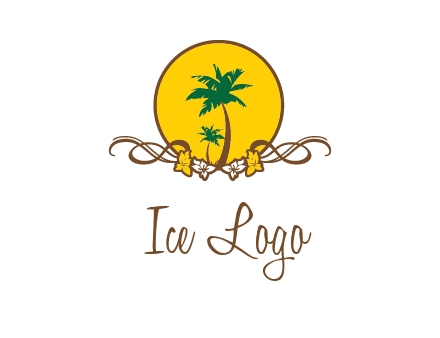 palm trees in circle with flowers and ribbons travel logo