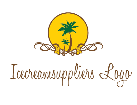 palm trees in circle with flowers and ribbons travel logo
