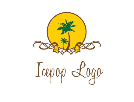 palm trees in circle with flowers and ribbons travel logo