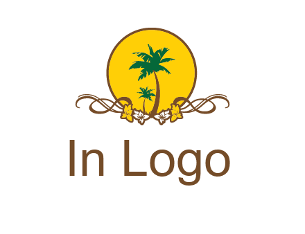 palm trees in circle with flowers and ribbons travel logo