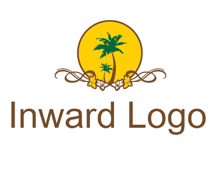 palm trees in circle with flowers and ribbons travel logo
