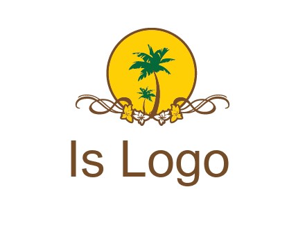 palm trees in circle with flowers and ribbons travel logo