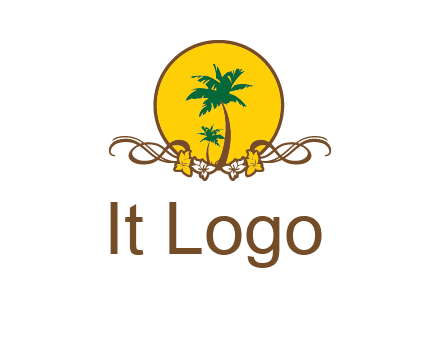 palm trees in circle with flowers and ribbons travel logo