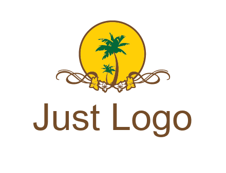 palm trees in circle with flowers and ribbons travel logo