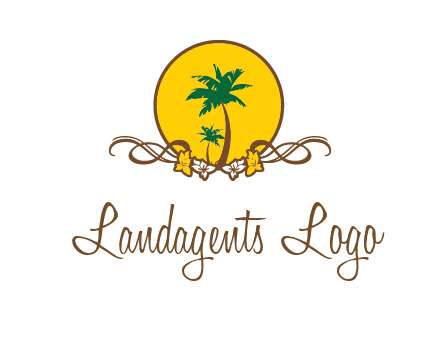 palm trees in circle with flowers and ribbons travel logo