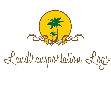 palm trees in circle with flowers and ribbons travel logo