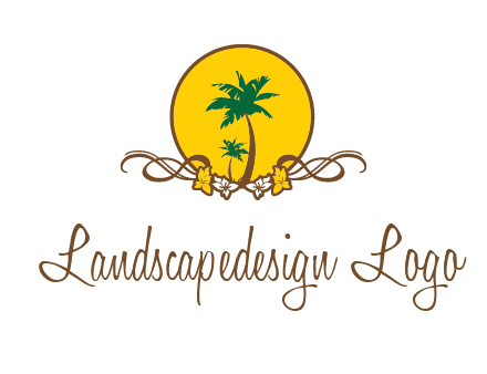 palm trees in circle with flowers and ribbons travel logo