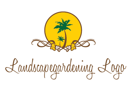 palm trees in circle with flowers and ribbons travel logo