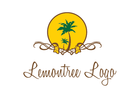 palm trees in circle with flowers and ribbons travel logo
