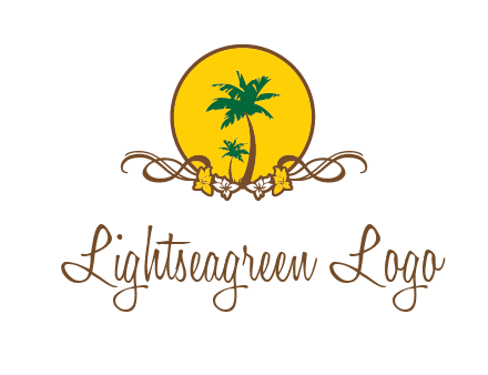 palm trees in circle with flowers and ribbons travel logo