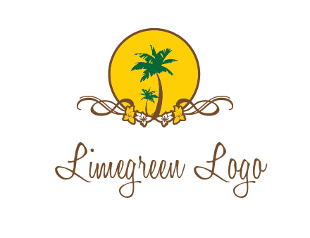 palm trees in circle with flowers and ribbons travel logo
