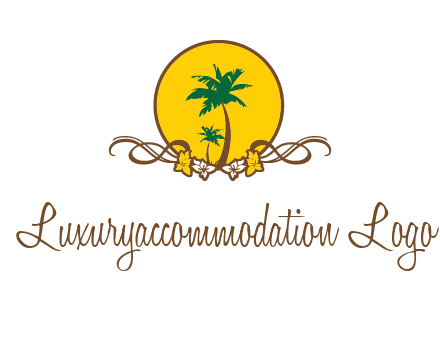 palm trees in circle with flowers and ribbons travel logo