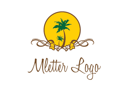 palm trees in circle with flowers and ribbons travel logo