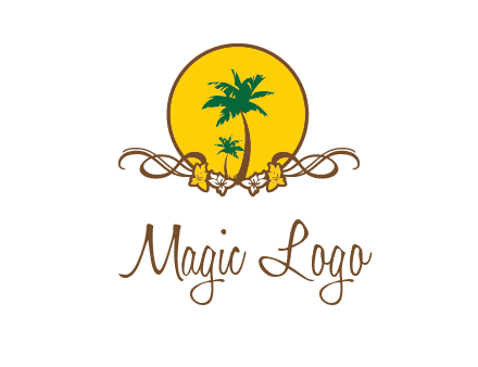 palm trees in circle with flowers and ribbons travel logo