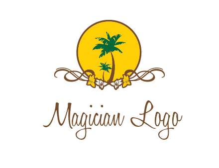 palm trees in circle with flowers and ribbons travel logo