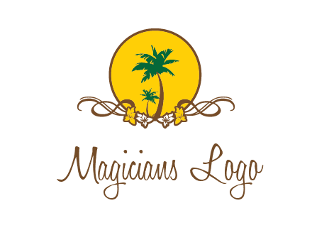 palm trees in circle with flowers and ribbons travel logo