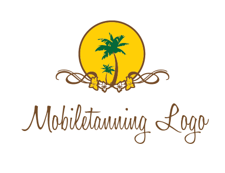 palm trees in circle with flowers and ribbons travel logo