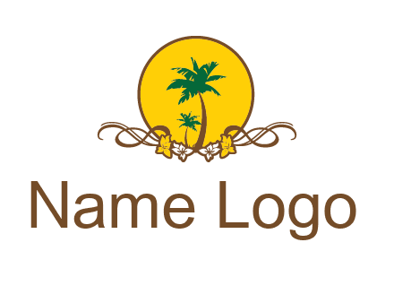 palm trees in circle with flowers and ribbons travel logo