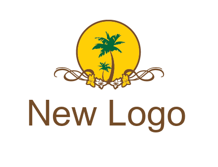 palm trees in circle with flowers and ribbons travel logo